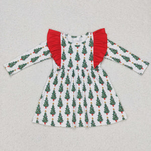 Star Trees Red Ruffles White Girls Christmas Dress