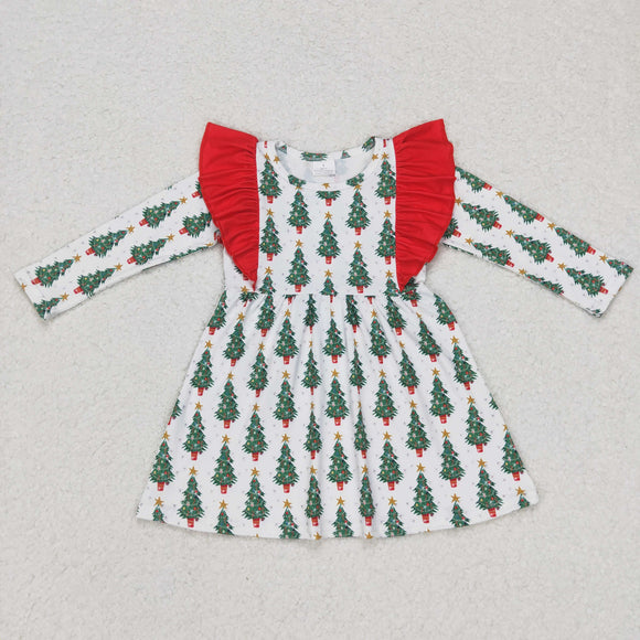 Star Trees Red Ruffles White Girls Christmas Dress