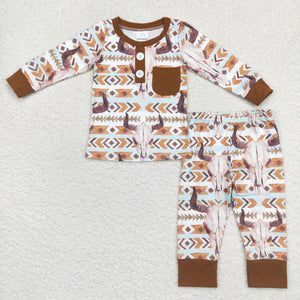 Aztec Highland Cow Brown Boys Long Sleeve Pajamas