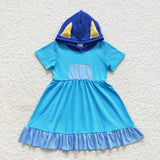 Cartoon Dogs Hoodie Blue Girls Short Sleeve Dress