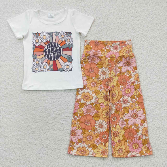 Here comes the sun Floral White Girls Short Sleeve+Trousers Sets