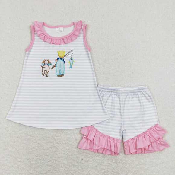 Fishing Pink Ruffles Stripe Girls Shorts Sets