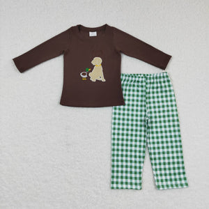 Duck Dog Plaid Brown Boys Long Sleeve+Trousers Sets