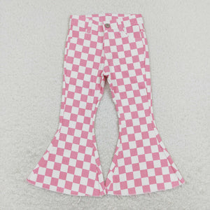 Pink White Plaid Flared Girls Jeans Pants