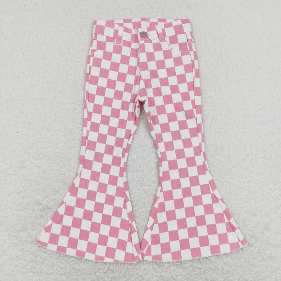 Pink White Plaid Flared Girls Jeans Pants