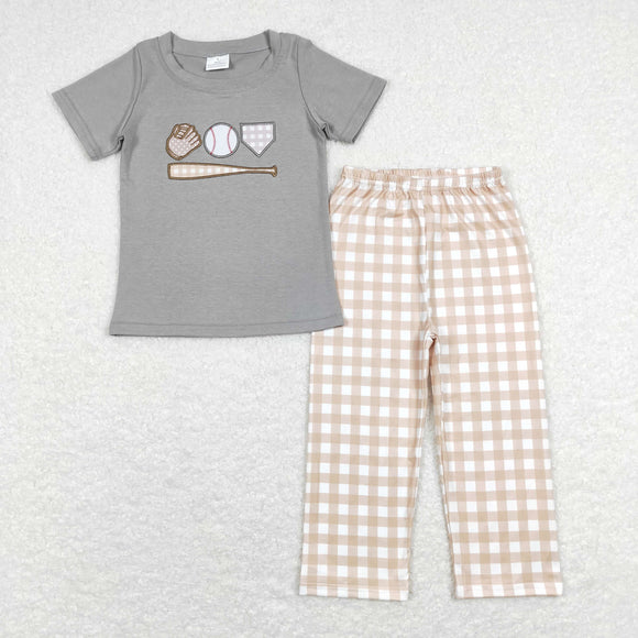 Baseball Plaid Gray Boys Short Sleeve+Trousers Sets