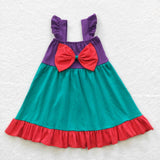 Cartoon Princess Bow Purple Green Red Girls Flutter Sleeve Dress