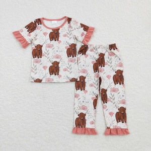 Cow Floral Pink Ruffles Girls Short Sleeve Pajamas