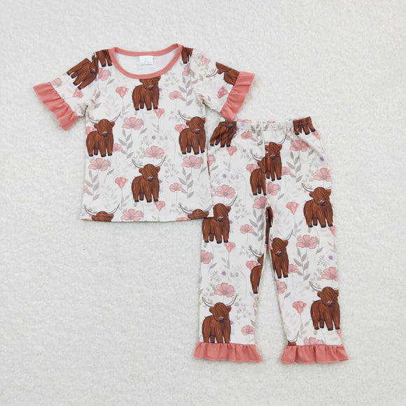 Cow Floral Pink Ruffles Girls Short Sleeve Pajamas