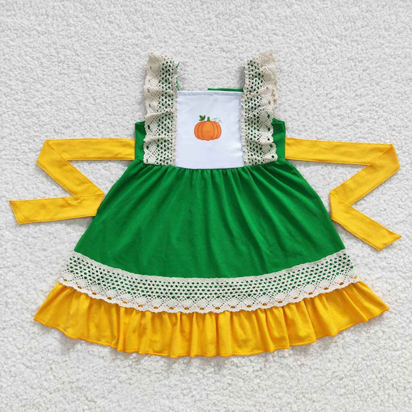 Lace Green Yellow Belt Pumpkin Girls Sleeveless Dress