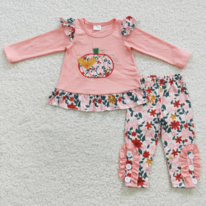 Floral Pumpkin Pink Girls Long Sleeve+Trousers Sets