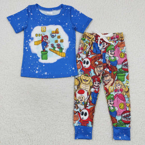 Promotional Cartoon Blue Boys Short Sleeve+Trousers Sets