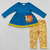 Floral Turkey Blue Yellow Pompom Girls Thanksgiving Outfits