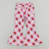 Strawberry Floral Pink Flared Girls Jeans Pants