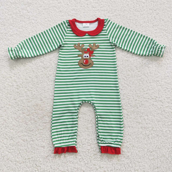 Reindeer Green Stripe Red Girls Christmas Romper