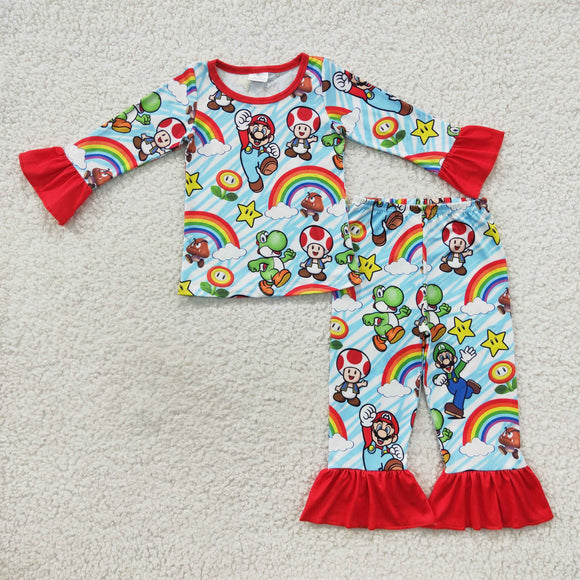 Cartoon Rainbow Red Ruffles Girls Long Sleeve Pajamas