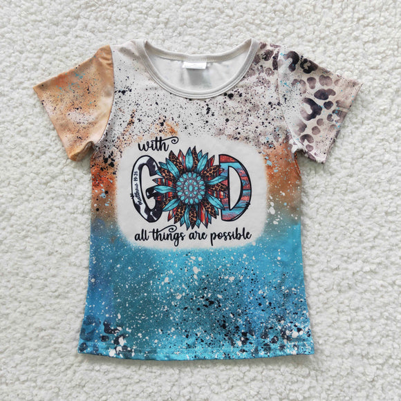 God Leopard Print Blue Girls Short Sleeve Top