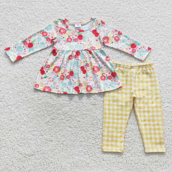 Floral Yellow Plaid Legging Girls Long Sleeve+Trousers Sets