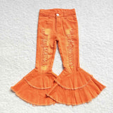 Ripped Orange Double Flared Girls Jeans Pants