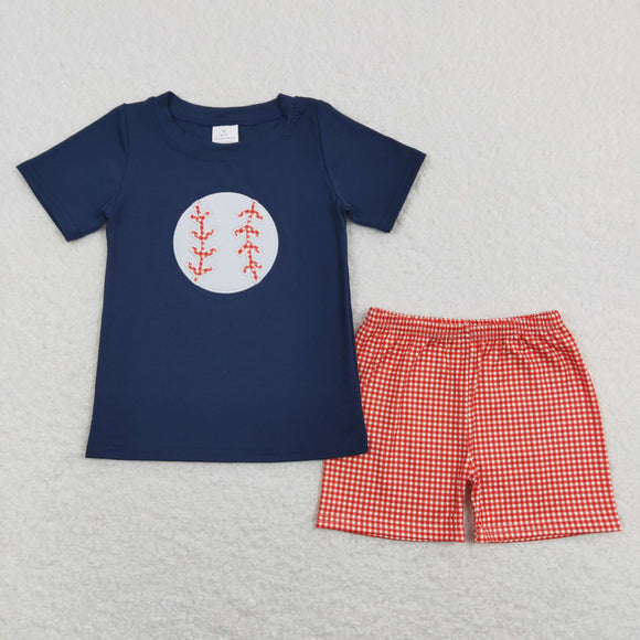 Baseball Red Plaid Navy Boys Shorts Sets