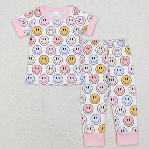 Smile Beige Pink Girls Short Sleeve Pajamas