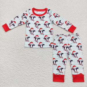 Cows Blue White Stripe Red Boys Christmas Pajamas