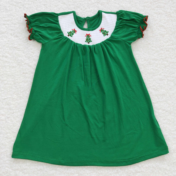 Tree Smocked Green Girls Christmas Dress