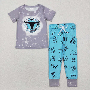 Highland Cow Aztec Gray Boys Short Sleeve+Trousers Sets