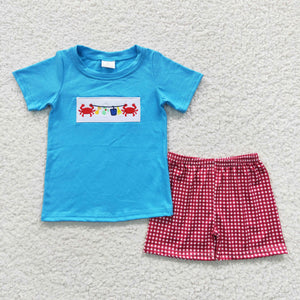 Crab Blue Red Plaid Boys Shorts Sets