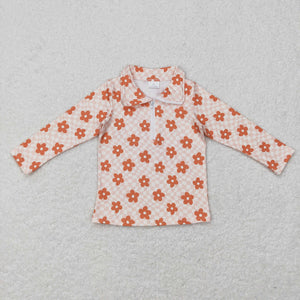 Orange Floral Plaid Polo Girls Long Sleeve Top