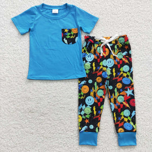 Smile Lightning Blue Black Boys Short Sleeve+Trousers Sets