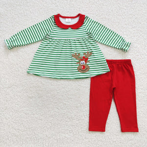 Reindeer Green Stripe Red Girls Christmas Outfits