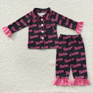 Cartoon Dolls Black Pink Girls Long Sleeve Pajamas