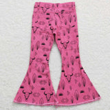 Highland Cow Aztec Hot Pink Flared Girls Jeans Pants