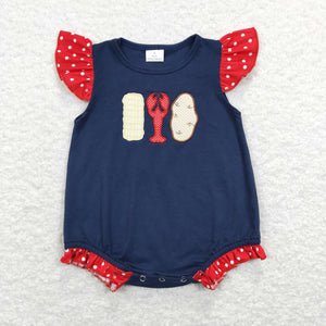 Corn Crawfish Red Ruffles Navy Girls Summer Romper