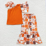 Pumpkin Smile Orange One Shoulder Girls Short Sleeve+Trousers Sets