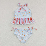 Floral Lace Ruffles Sky Blue Girls Swimsuits