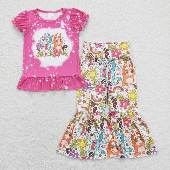 Cartoon Dogs Floral Mushroom Hot Pink Girls Short Sleeve+Trousers Sets