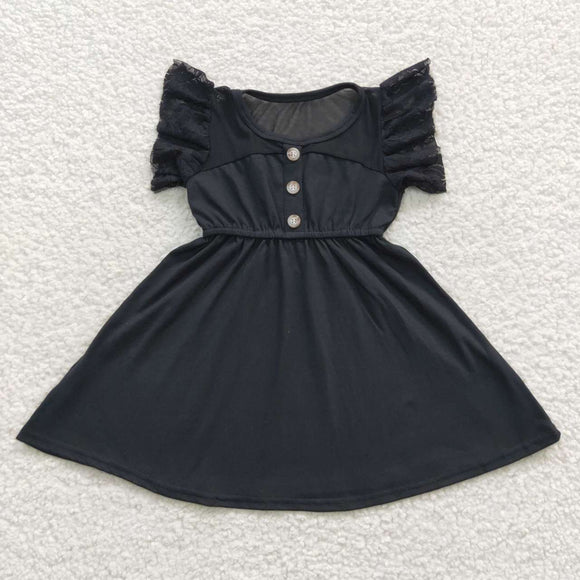 Solid Black Gauze Girls Flutter Sleeve Dress