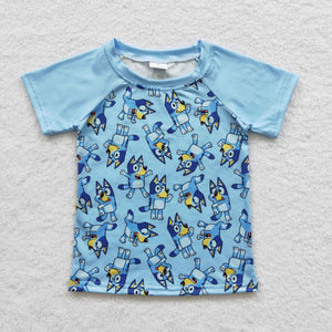 Cartoon Dogs Sky Blue Boys Short Sleeve Top