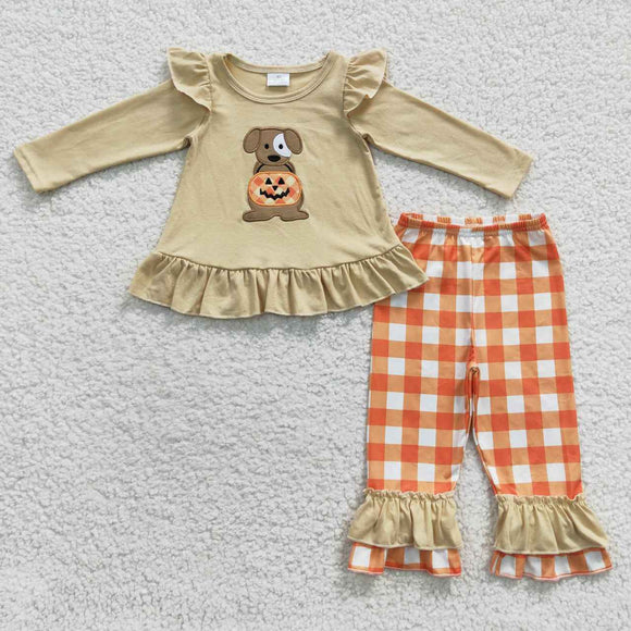 Pumpkin Dog Orange Plaid Beige Girls Halloween Outfits