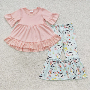 Promotional Solid Pink Cute Cows Girls Short Sleeve+Trousers Sets