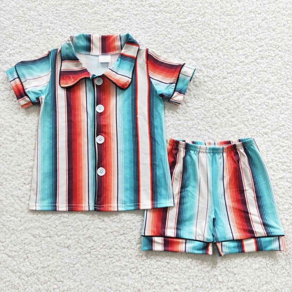 Red Blue Stripe Boys Short Sleeve Pajamas