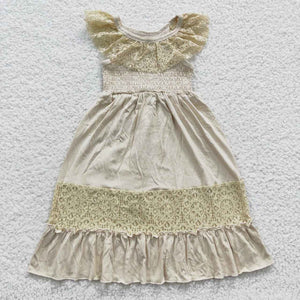 Lace Ruffles Beige Girls Sleeveless Dress