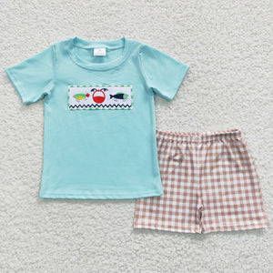 Fish Embroidery Sky Blue Plaid Boys Shorts Sets