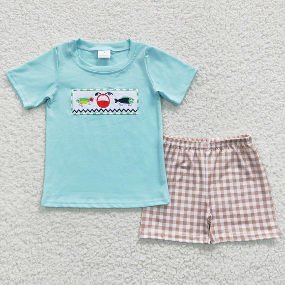 Fish Embroidery Sky Blue Plaid Boys Shorts Sets