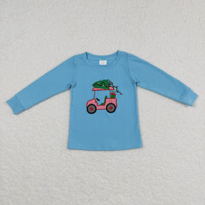 Tree Car Sky Blue Boys Christmas Top