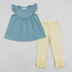 Solid Haze Blue Yellow Girls Short Sleeve+Trousers Sets