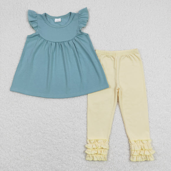 Solid Haze Blue Yellow Girls Short Sleeve+Trousers Sets