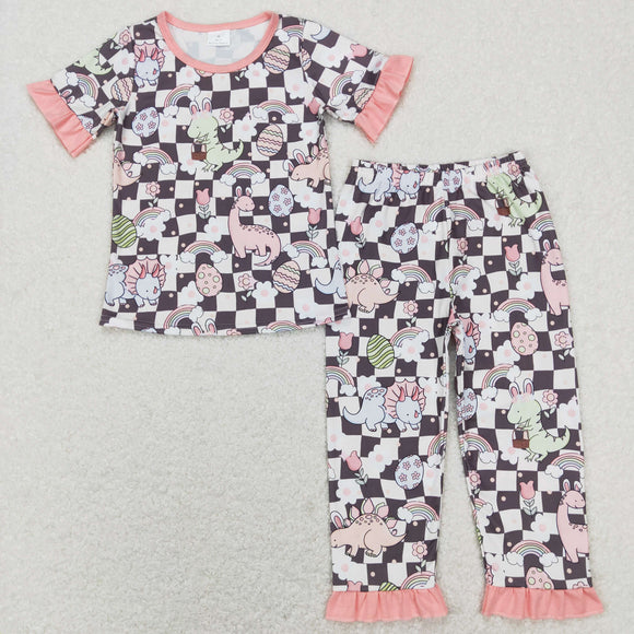 Dinosaur Eggs Rainbow Plaid Pink Girls Easter Pajamas